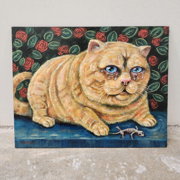 Original Painting of Crying Cat with Dead Lizard Art by Matt Godwin