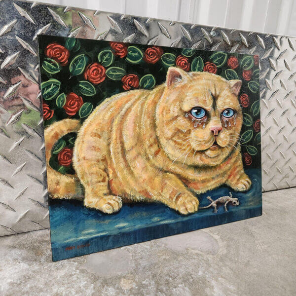 Original Painting of Crying Cat with Dead Lizard Art by Matt Godwin