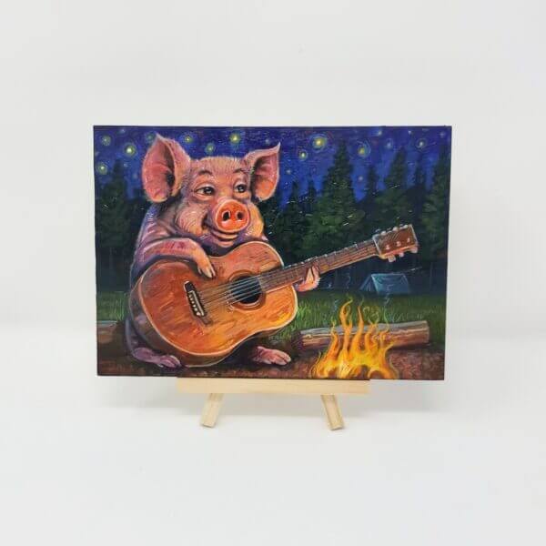 Campfire Guitar Pig Original Painting by Matt Godwin