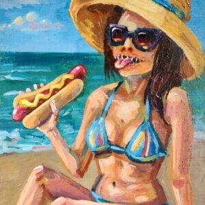 Creep Beach Woman Eating Hotdog Painting by Matt Godwin