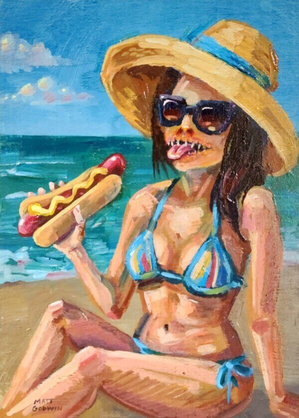 Creep Beach Woman Eating Hotdog Painting by Matt Godwin