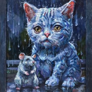 Wet Kitten With Rat Friend Painting - Florida Artist Matt Godwin - Acrylic On Framed Canvas Panel 8.87X10.75X.37 02