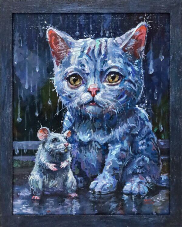 Wet Kitten With Rat Friend Painting - Florida Artist Matt Godwin - Acrylic On Framed Canvas Panel 8.87X10.75X.37 02