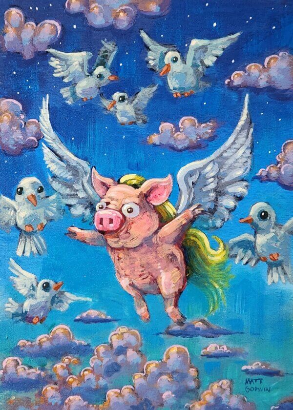 Flying Pig with Golden Hair Painting by Matt Godwin