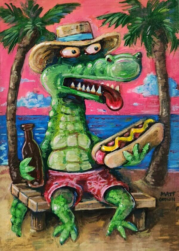 Gator Eating Hotdog Painting by Matt Godwin