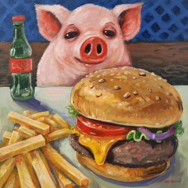 Pig Eating Burger Painting by Matt Godwin