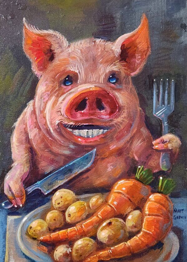 Pig Eating Dinner Painting by Matt Godwin