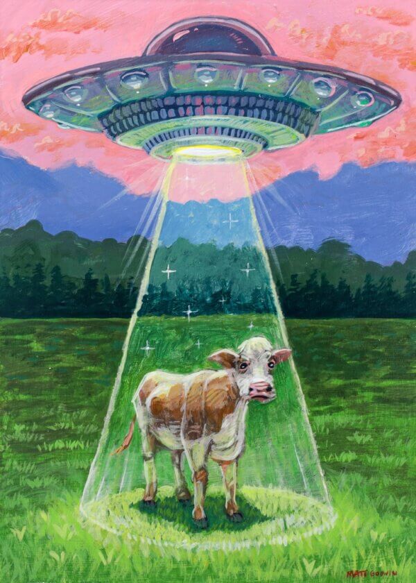 UFO Abducts Cow In The Mountains Painting By Matt Godwin