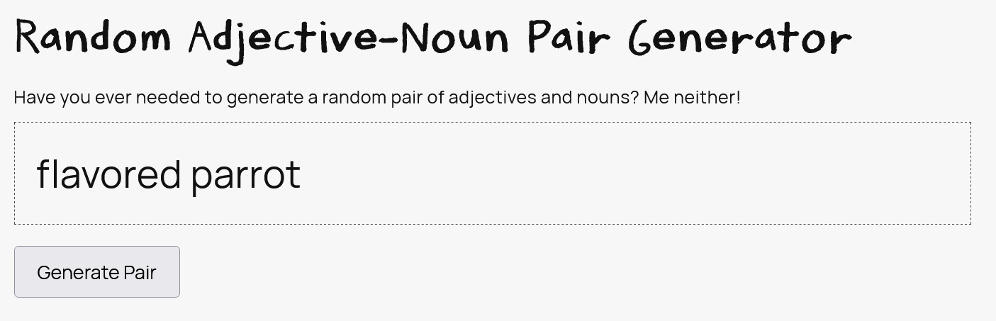 Screenshot of a free online random adjective noun pair generator