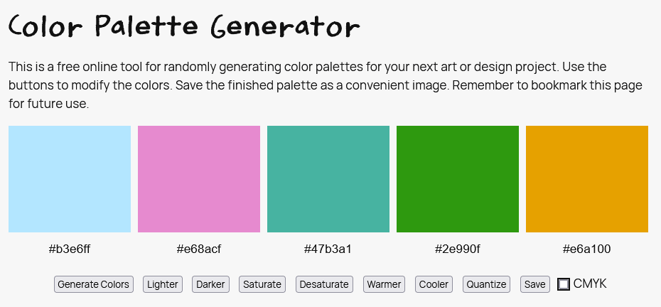 Screenshot of a free online color palette generator