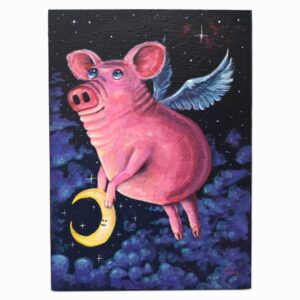 Flying Pig With Crescent Moon, 5"x7"