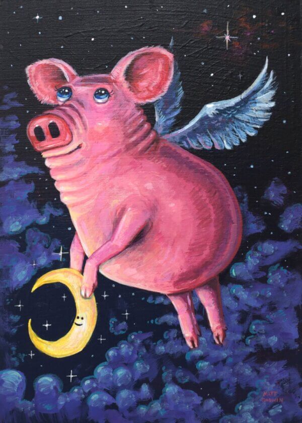 Flying Pig With Crescent Moon, 5"x7"