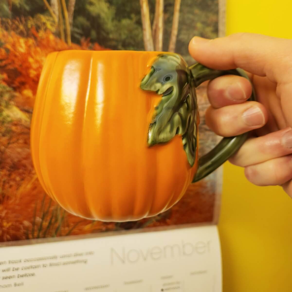 Hand holding a pumpkin shaped mug in front of a calendar turned to the page of November