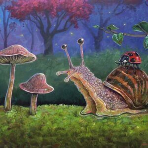 Snail with Ladybug Friend by a Couple of Mushrooms Artwork by Matt Godwin