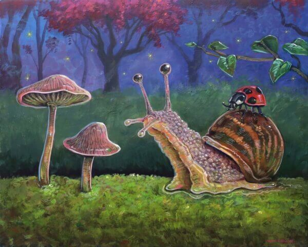 Snail with Ladybug Friend by a Couple of Mushrooms Artwork by Matt Godwin