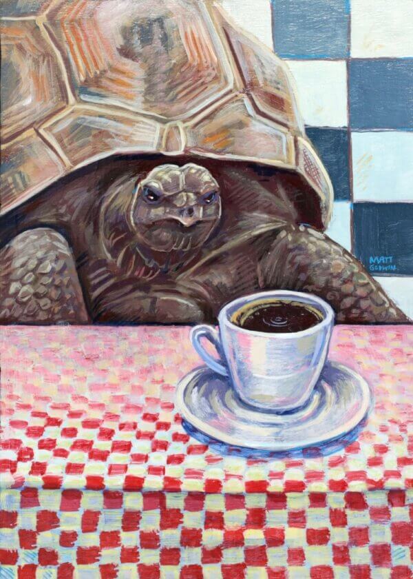 diner tortoise having coffee Artwork by Matt Godwin