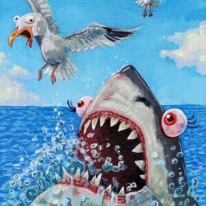 shark attacks seagull Artwork by Matt Godwin