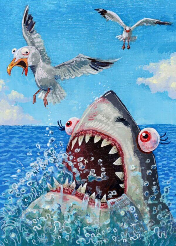 shark attacks seagull Artwork by Matt Godwin