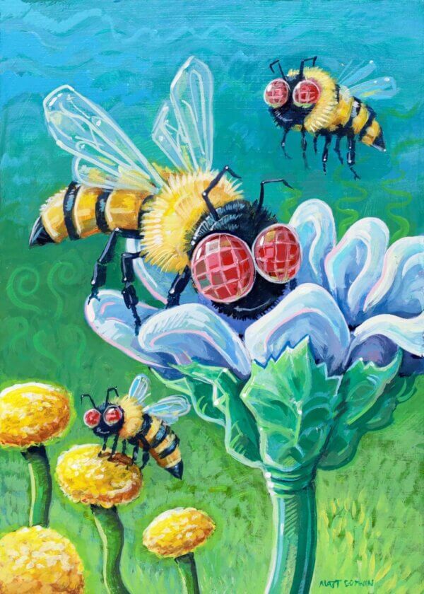 Bees Pollinating Some Flowers, 5"x7"