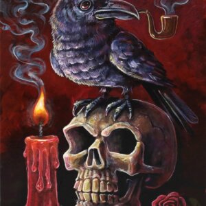 Crow Smoking A Pipe, Standing On A Skull Painting By Matt Godwin