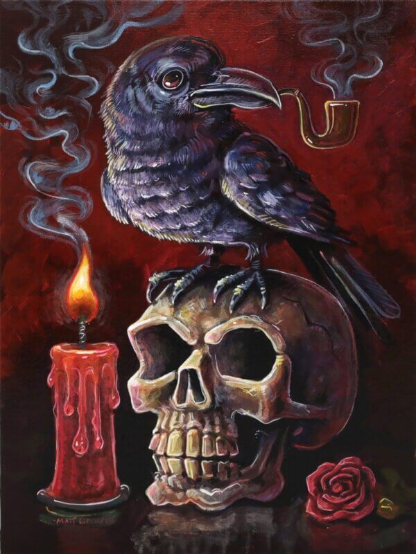 Crow Smoking A Pipe, Standing On A Skull Painting By Matt Godwin