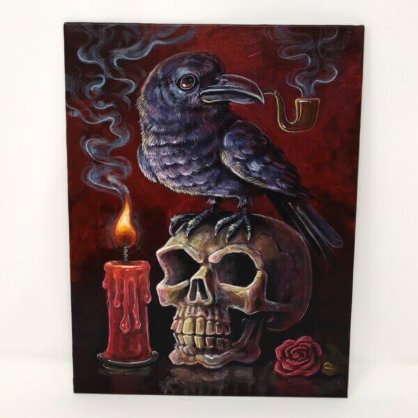 Crow Smoking A Pipe, Standing On A Skull Painting By Matt Godwin