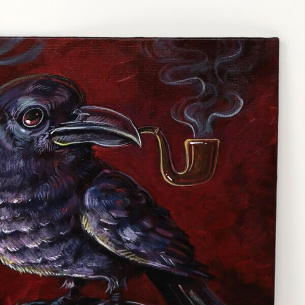 Crow Smoking A Pipe, Standing On A Skull Painting By Matt Godwin