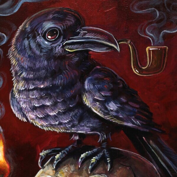 Crow Smoking A Pipe, Standing On A Skull Painting By Matt Godwin