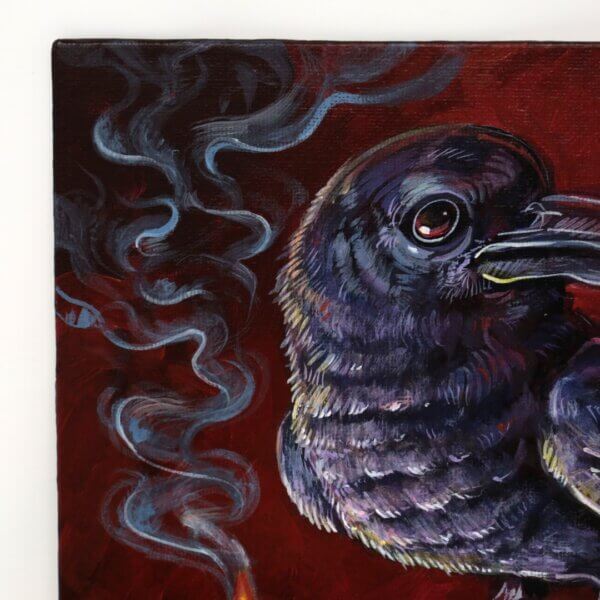 Crow Smoking A Pipe, Standing On A Skull Painting By Matt Godwin