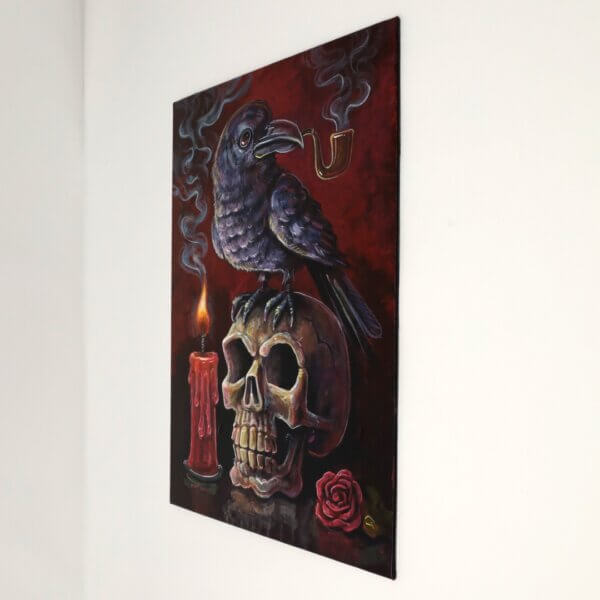 Crow Smoking A Pipe, Standing On A Skull Painting By Matt Godwin