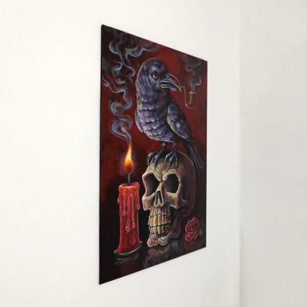 Crow Smoking A Pipe, Standing On A Skull Painting By Matt Godwin