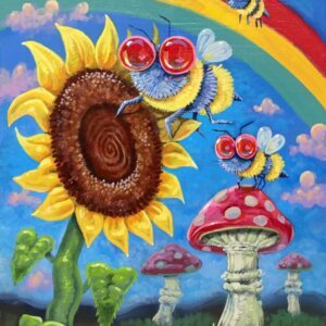 "A Trio Of Bees Enjoying A Wonderfull Day" original acrylic painting on wood by Matt Godwin 8"x10"