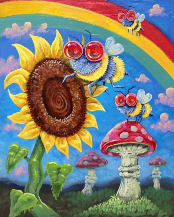 "A Trio Of Bees Enjoying A Wonderfull Day" original acrylic painting on wood by Matt Godwin 8"x10"