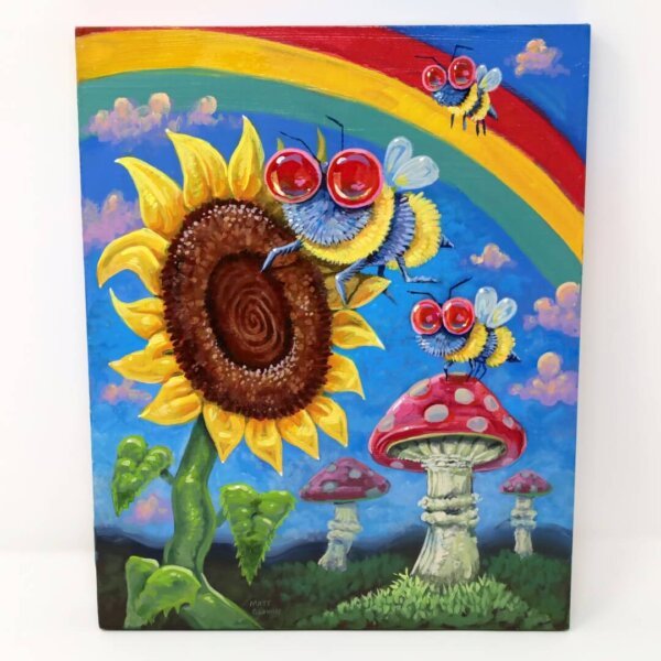 "A Trio Of Bees Enjoying A Wonderfull Day" original acrylic painting on wood by Matt Godwin 8"x10"