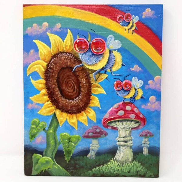 "A Trio Of Bees Enjoying A Wonderfull Day" original acrylic painting on wood by Matt Godwin 8"x10"