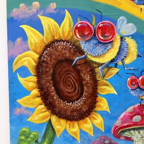 "A Trio Of Bees Enjoying A Wonderfull Day" original acrylic painting on wood by Matt Godwin 8"x10"