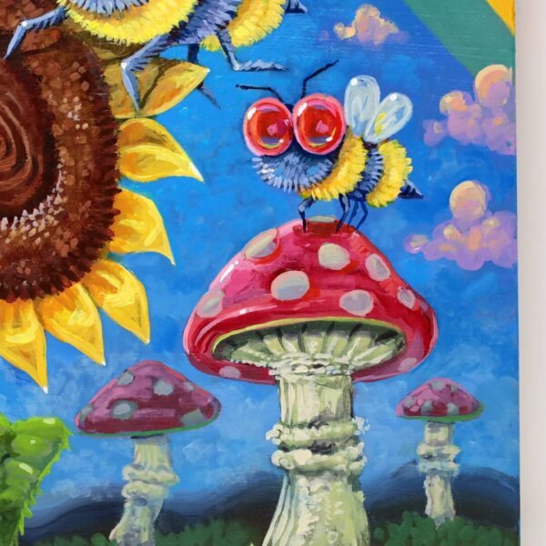 "A Trio Of Bees Enjoying A Wonderfull Day" original acrylic painting on wood by Matt Godwin 8"x10"