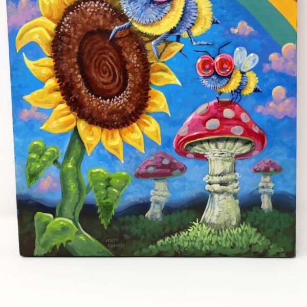 "A Trio Of Bees Enjoying A Wonderfull Day" original acrylic painting on wood by Matt Godwin 8"x10"