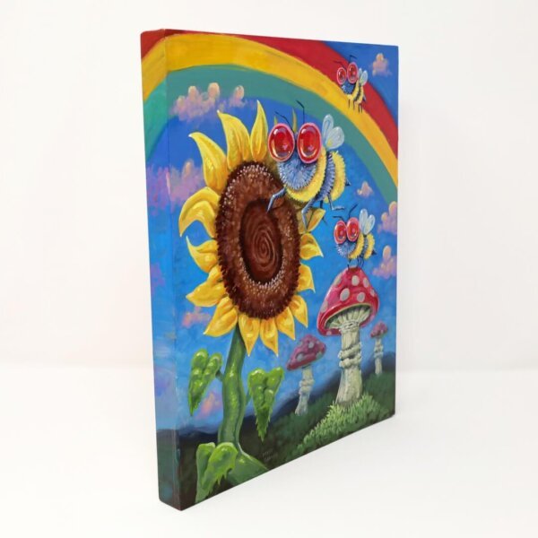 "A Trio Of Bees Enjoying A Wonderfull Day" original acrylic painting on wood by Matt Godwin 8"x10"
