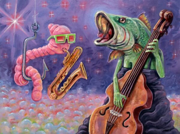 "Bass On Bass" original oil painting on canvas panel by Matt Godwin 9"x12"