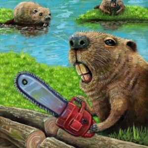 "Chainsaw Beaver" original oil painting on canvas panel by Matt Godwin 9"x12"