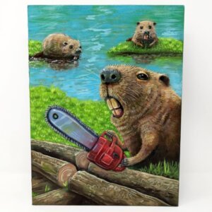"Chainsaw Beaver" original oil painting on canvas panel by Matt Godwin 9"x12"