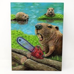 "Chainsaw Beaver" original oil painting on canvas panel by Matt Godwin 9"x12"