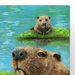 "Chainsaw Beaver" original oil painting on canvas panel by Matt Godwin 9"x12"