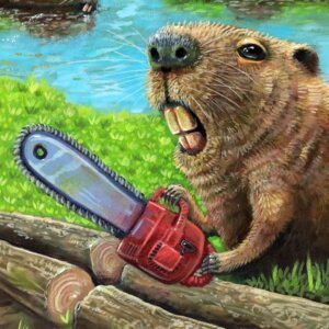 "Chainsaw Beaver" original oil painting on canvas panel by Matt Godwin 9"x12"