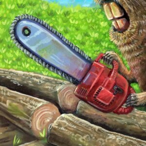 "Chainsaw Beaver" original oil painting on canvas panel by Matt Godwin 9"x12"