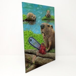 "Chainsaw Beaver" original oil painting on canvas panel by Matt Godwin 9"x12"