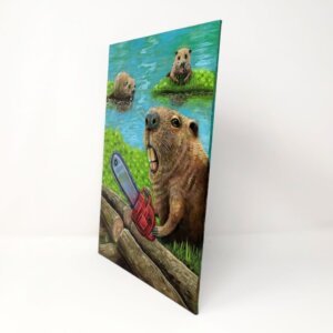 "Chainsaw Beaver" original oil painting on canvas panel by Matt Godwin 9"x12"