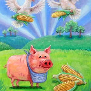 "Doves Bring A Nice Pig Some Corn" original oil painting on canvas panel by Matt Godwin 9"x12"