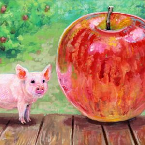 "Tiny Pig With Giant Apple" original acrylic painting on wood by Matt Godwin 7"x5"